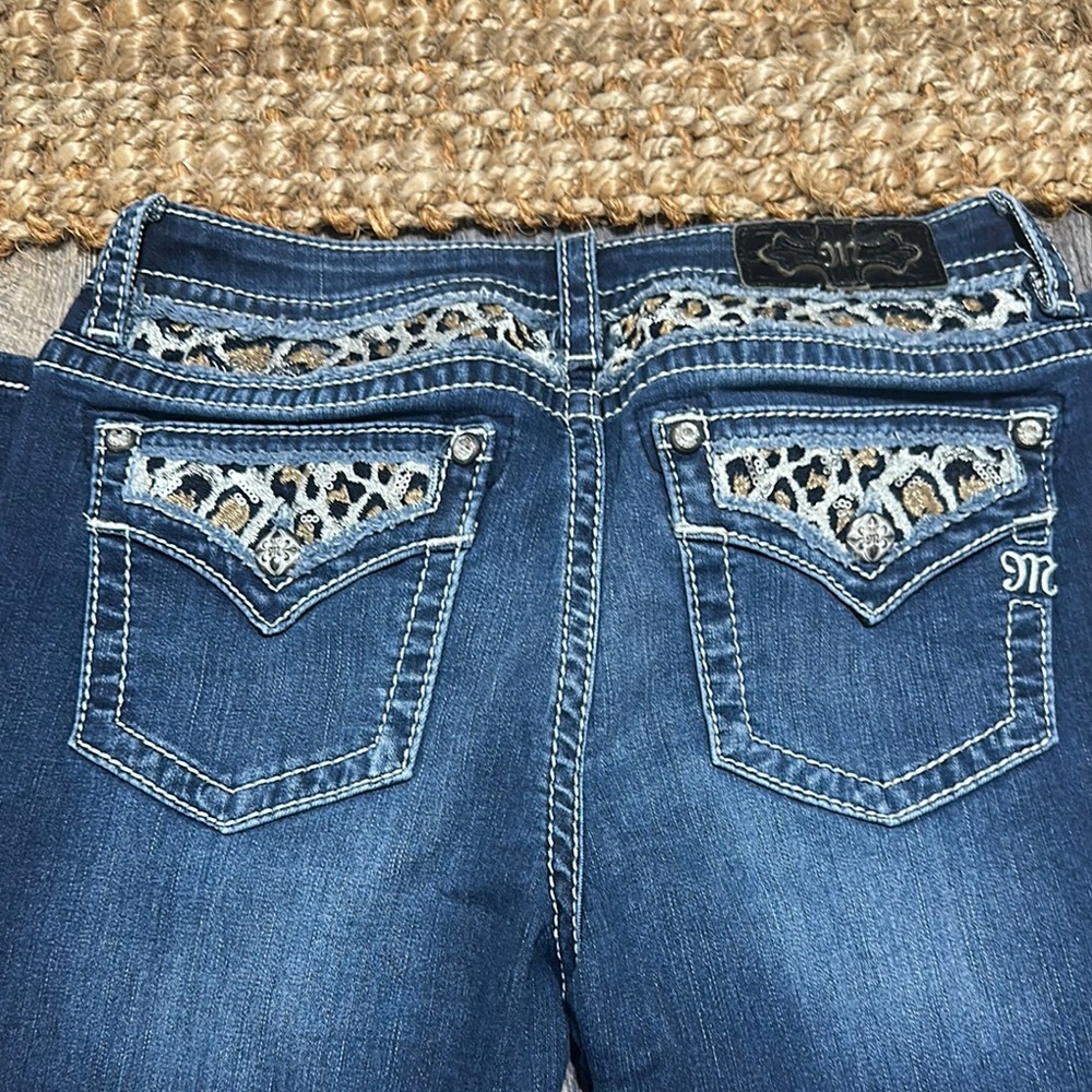 Miss Me Blue and Brown Boot Cut Jeans with Decorative Stitching